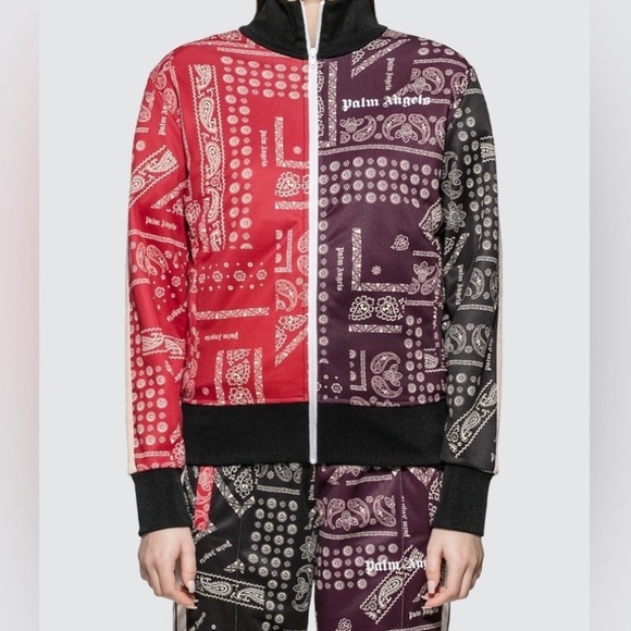 Palm Angels Bandana Track Jacket Zip Up Maroon & Red, Striped Sleeves XL Unisex - Picture 3 of 16